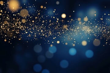Fototapete - Abstract background with golden particles flowing on a blue bokeh background, creating a magical and festive atmosphere