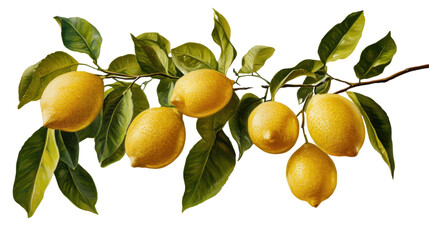 A painting of a branch with five lemons hanging from it