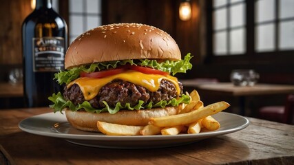 Wall Mural - A delicious cheeseburger with lettuce, tomato, and fries on a plate.