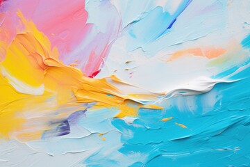 Poster - Vibrant impasto painting creates an abstract texture with bold brushstrokes of yellow, blue, pink, and white