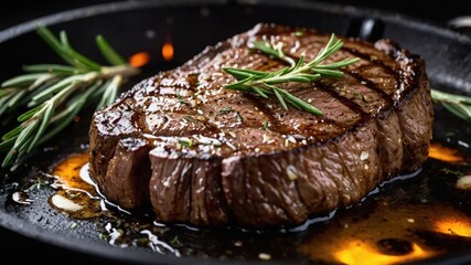 Wall Mural - A beautifully cooked steak garnished with herbs, sizzling in a pan.