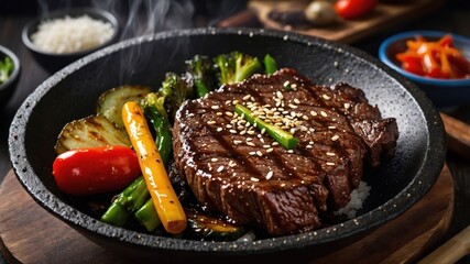 Wall Mural - A sizzling steak served with vegetables on a hot plate, appealing for a delicious meal.