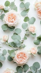 Poster - Soft pastel roses in shades of peach and white interlace with vibrant eucalyptus leaves, creating an enchanting and serene floral arrangement perfect for a tranquil setting
