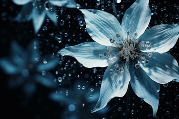 Poster - Studio shot of beautiful flower with water drops falling on dark background