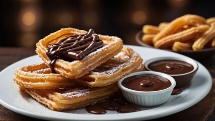 Sticker - A plate of crispy churros topped with chocolate sauce and powdered sugar, served with dipping sauces.