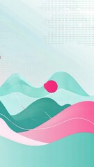 Poster - Vibrant geometric animation depicting pink spheres bouncing across undulating turquoise and pink landscape, accompanied by delicate pink dots floating through soft light blue sky