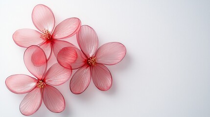 Poster - Vibrant flowers with translucent petals rest gracefully on a clear surface, showcasing layers of color and delicate structure. This display evokes a sense of tranquility and creativity