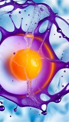 Poster - Purple liquid dramatically splashing onto fried egg, creating mesmerizing visual interaction against pristine white background, showcasing dynamic food art with vibrant color gradient