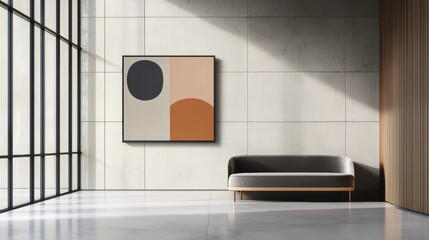 Canvas Print - A large abstract painting hangs on a wall in a room with a couch and a window