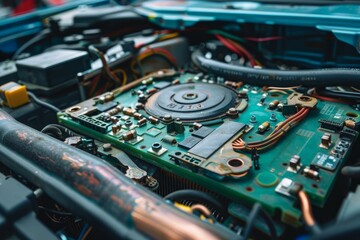 Poster - Close up shot of a circuit board, revealing its intricate details and the complexity of modern electronics