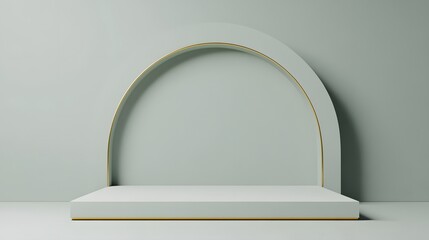 Sticker - Sleek Light Green Arched 3D Stage with Floating Gold Accents for Minimalist Presentations