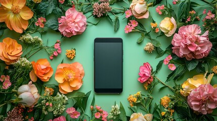 Surrounded by a lush array of colorful blossoms, an empty smartphone screen rests against a soft green backdrop, capturing a moment of tranquility and potential. Nature's beauty frames technology