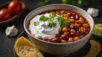 Sticker - A hearty bowl of chili topped with sour cream and cilantro, served with tortilla chips.