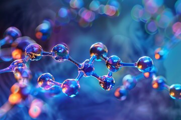 Poster - 3d rendering of a molecular chain glowing on a blue background