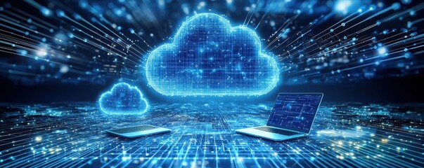 Poster - Futuristic cloud technology with digital connections and laptops