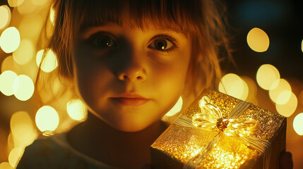 Wall Mural - A child holding a small gift wrapped in golden paper, their eyes sparkling with joy in the glow of festive lights