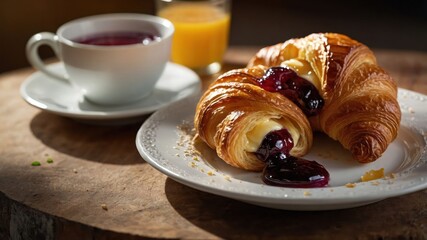 Wall Mural - A cozy breakfast scene featuring a croissant with jam, coffee, and orange juice.