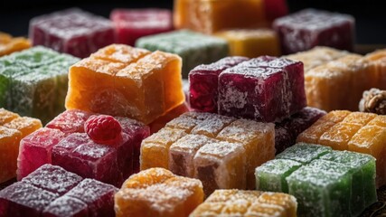 Wall Mural - A colorful assortment of fruit-flavored Turkish delight candies dusted with powdered sugar.