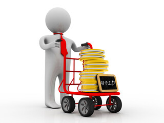 Poster - 3d rendering Gold coins in trolley near business man

