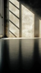 Poster - Bright sunlight filtering across white walled interior, casting long shadows on minimalist tiled flooring background video 4k