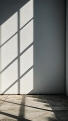 Poster - Bright sunlight filtering across white walled interior, casting long shadows on minimalist tiled flooring background video 4k
