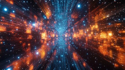 Fototapete - Abstract Cosmic Digital Art with Orange and Blue Lights and Particles