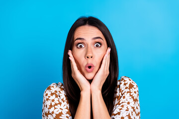 Wall Mural - Photo of worried nervous cute girl wear trendy clothes problem panic isolated on blue color background