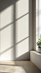 Poster - Bright sunlight filtering across white walled interior, casting long shadows on minimalist tiled flooring background video 4k