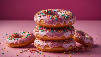 Wall Mural - A stack of pink frosted donuts with colorful sprinkles on a pink background.