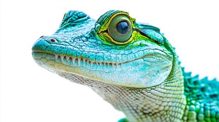 Poster - Gaze at the detailed profile of a green alligator, highlighted by its vivid scales and captivating eyes, presented in stark contrast against a white background. Nature's beauty shines through