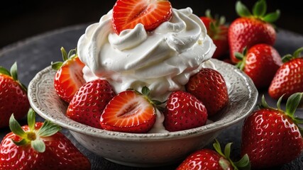 Sticker - A bowl of whipped cream topped with strawberries, surrounded by fresh strawberries.