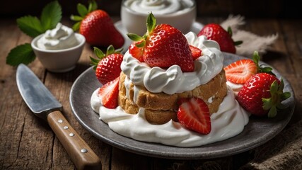 Sticker - A delicious dessert featuring cake, whipped cream, and fresh strawberries.