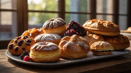 Wall Mural - A delightful assortment of pastries displayed on a tray, showcasing various shapes and fillings.