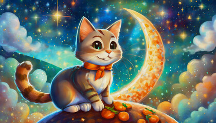 Poster - oil painting style cartoon character illustration cat on the moon,kids book illustration 