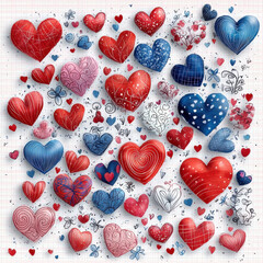 Poster - Colorful collection of hand drawn hearts in various styles and patterns, showcasing love and creativity. Perfect for romantic themes and artistic designs