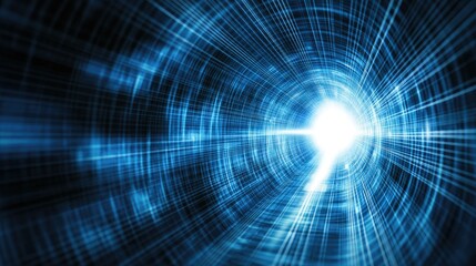 Poster - Abstract neon scene of glowing lines and rays converging in a dark tunnel, creating a futuristic perspective and sense of motion.