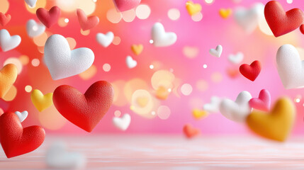 Poster - Colorful hearts float against soft pink background, creating whimsical and romantic atmosphere. Perfect for expressing love and affection