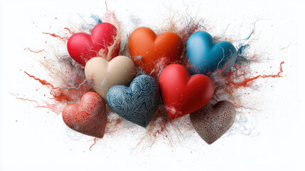 Poster - Dynamic illustration of colorful hearts surrounded by vibrant splashes, showcasing unique designs and textures. This artwork evokes feelings of love and creativity