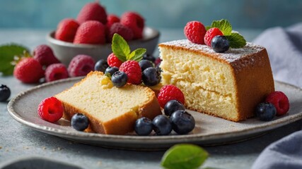 Wall Mural - A delicious slice of cake topped with fresh berries and mint leaves on a plate.