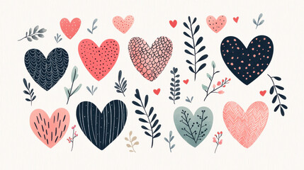 Poster - Colorful hearts with floral elements create vibrant and playful design, perfect for expressing love and affection. This charming illustration features variety of heart shapes and patterns