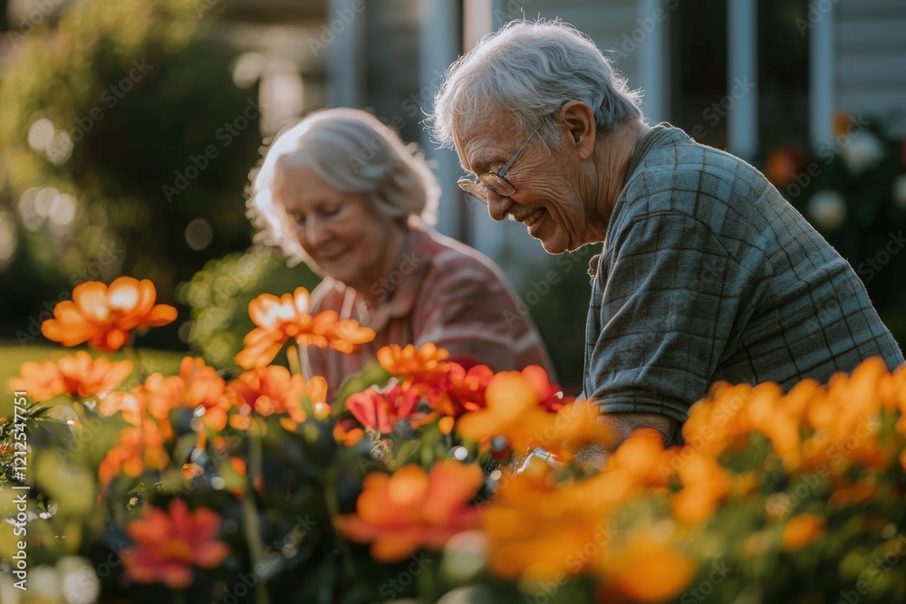 An elderly couple smiles as they work together in their garden, surrounded by blooming flowers. The warm afternoon sun casts a gentle glow on their cheerful faces and colorful surroundings.