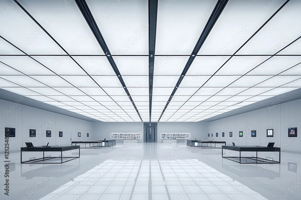 A spacious art gallery showcases contemporary artwork displayed on white walls. The minimalistic design features long tables and a striking ceiling, creating an inviting atmosphere for visitors.