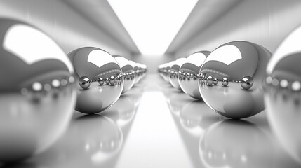 Poster - Chrome spheres aligned in a converging perspective.