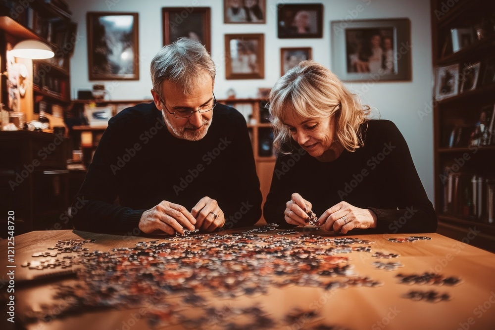 A couple focuses intently on assembling a colorful puzzle on a wooden table in their cozy living room. Soft light illuminates the space filled with family photos, creating a warm atmosphere.