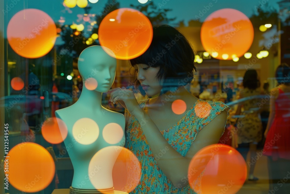 A stylist is focused on dressing a mannequin in a boutique window. Colorful lights create a dreamy atmosphere, highlighting the creativity involved in fashion design.