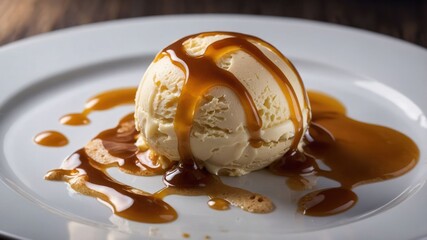 Sticker - A scoop of vanilla ice cream drizzled with caramel sauce on a white plate.