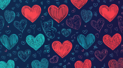 Poster - Vibrant hearts in various styles create lively and colorful pattern, perfect for expressing love and affection. This design showcases intricate details and playful elements