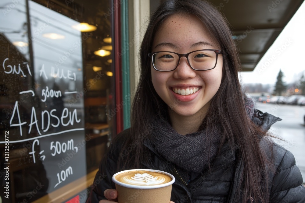 A young woman with glasses holds a coffee cup and smiles brightly outside a cafe. The weather is rainy, creating a cozy atmosphere as she enjoys her drink.