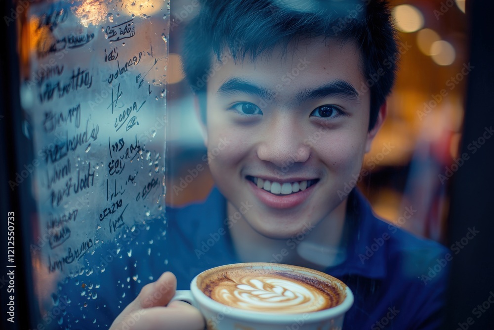 A young man holds a cup of coffee featuring intricate latte art while smiling warmly at the camera. The background shows blurred lights and raindrops on the window, creating a cozy atmosphere.