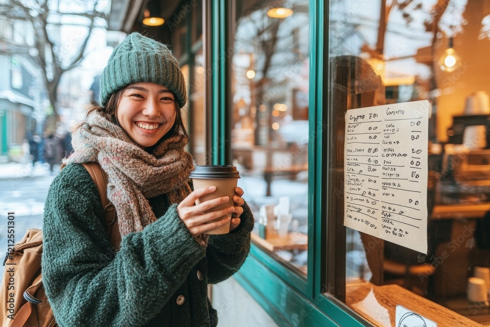 A young woman wearing a green knit hat and warm sweater stands outside a cafe, smiling while holding a cup of coffee. Snow can be seen falling, creating a cozy winter atmosphere.